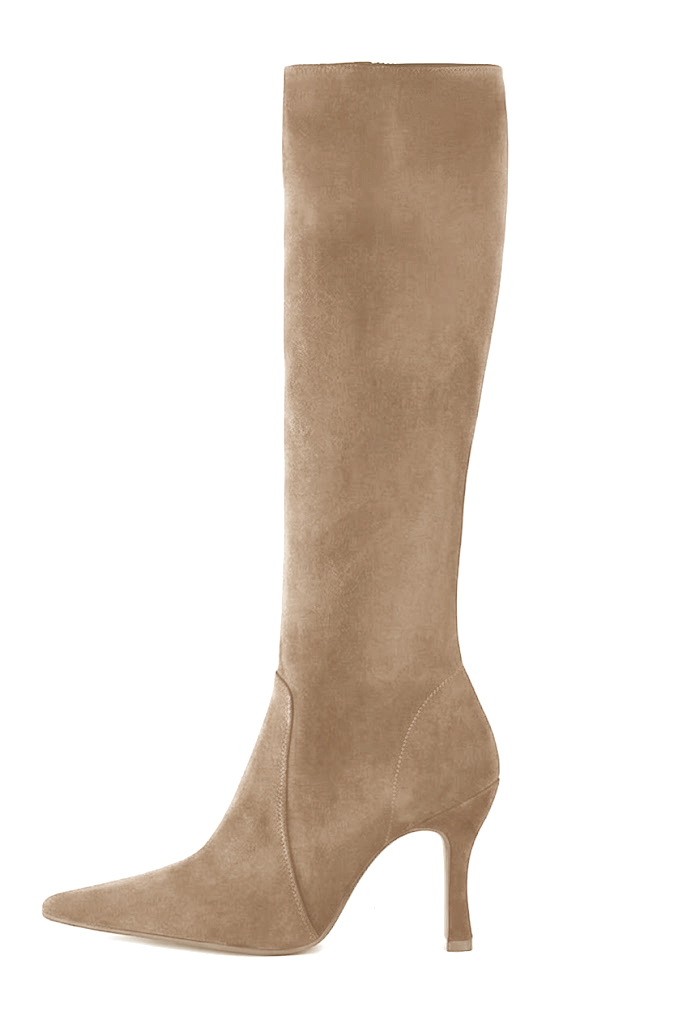 Handcrafted women's comfortable and elegant custom-made formal knee-high boots in tan beige premium leather. High spool heels. Pointed toe. Perfect for elevated everyday style. 
                Choose from our luxurious collections of leather and fabric to perfectly match your knee-high boots to your outfits. - Florence KOOIJMAN